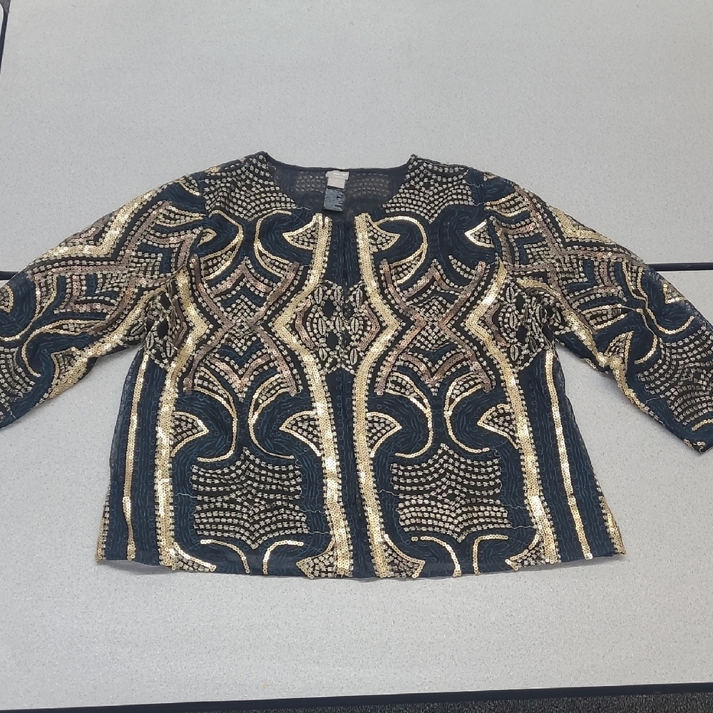 Chicos Travelers Elegant Black, Gold, Teal Sequin Patterned Jacket Sz 3 (16/18)